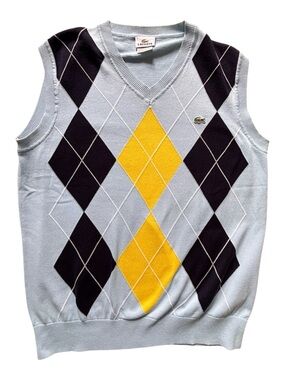 Lacoste Argyle Sweater Vest Blue Yellow Black V-Neck Cotton Size 5 (Large)